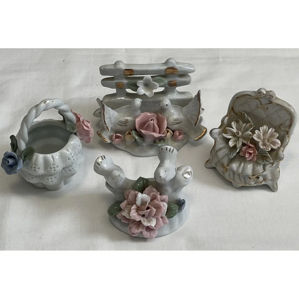 Vintage Fairy Garden Dollhouse Miniatures Pieces Porcelain Birds Doves Flowers